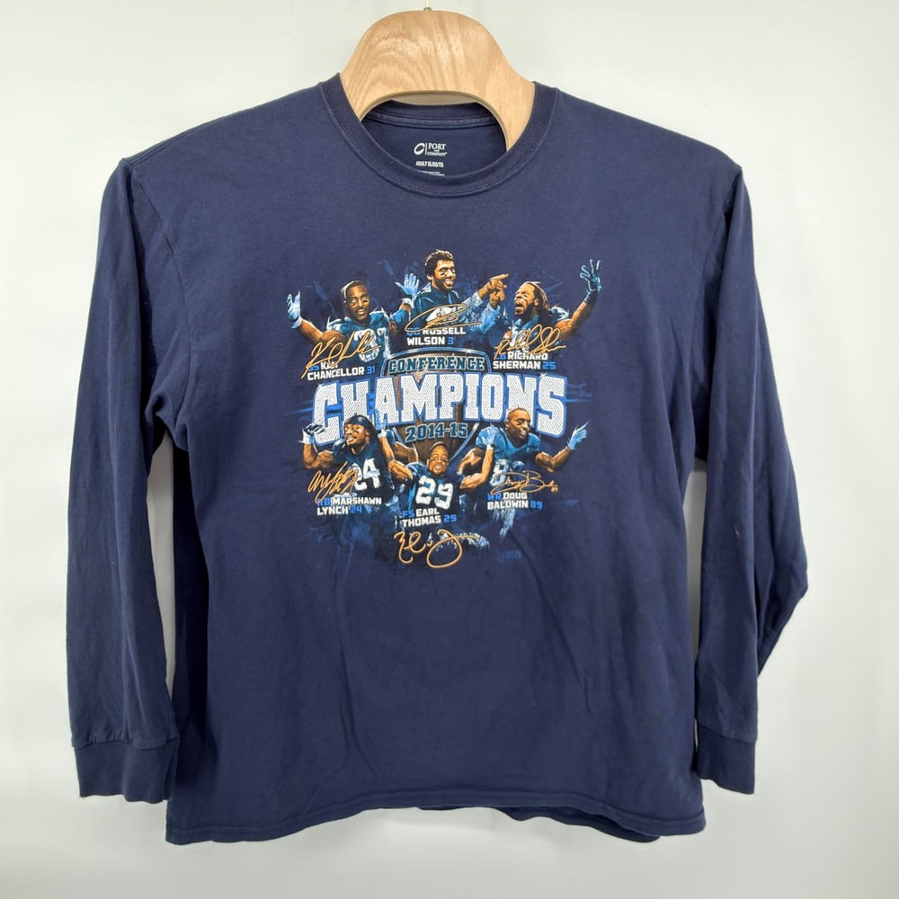 Port and Company Seahawks Champions Shirt Mens XL Navy Blue Long Sleeve Graphic